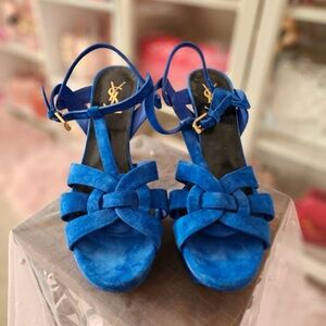 💯 Authentic YSL Yves Saint Laurent Tribute Blue Suede platform sandal size 8/38